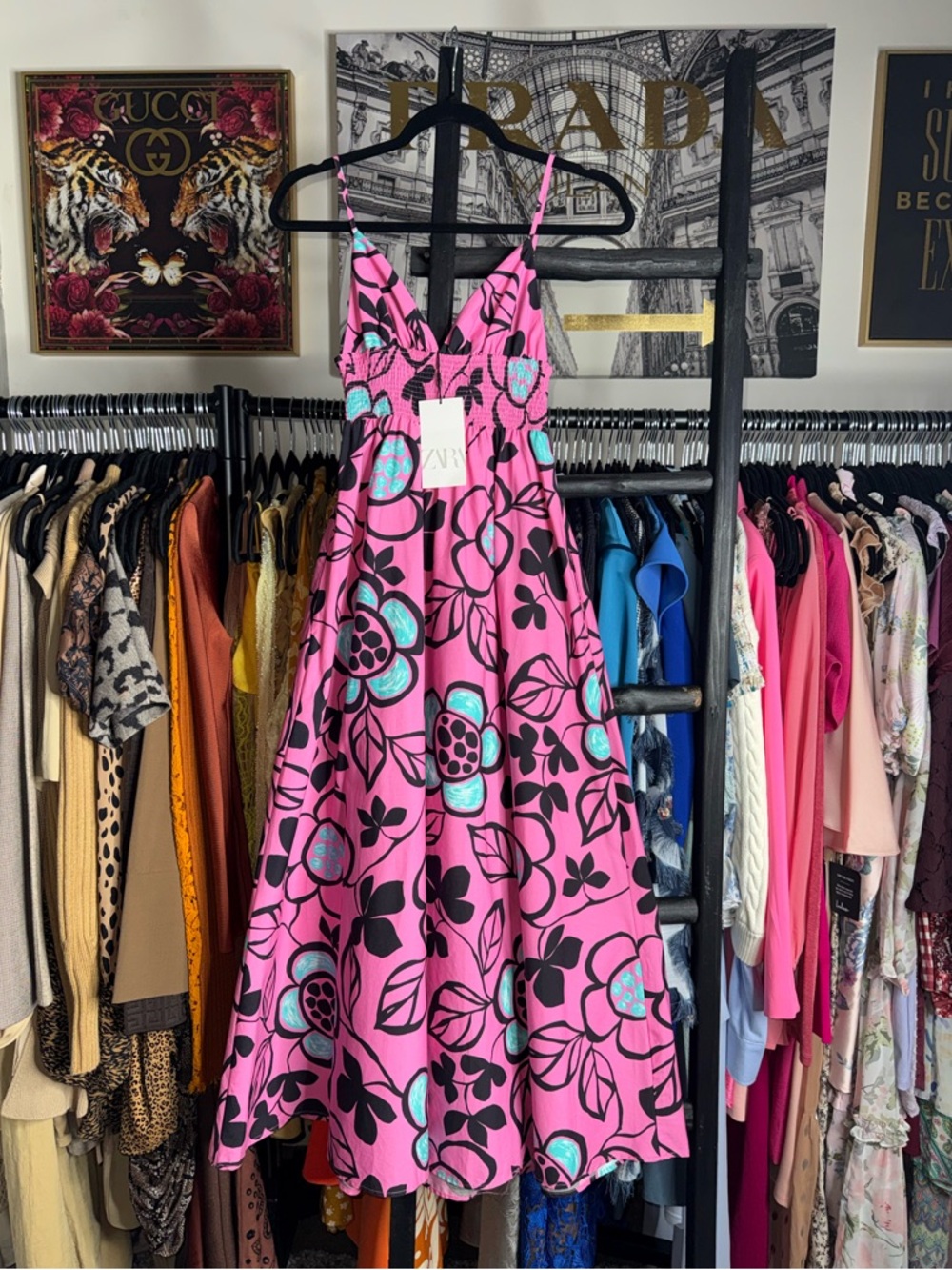 Zara Pink Floral Smocked Midi Dress Strappy A-Line Pockets Womens XS New NWT